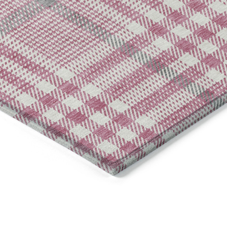 8' Blush Gray And Ivory Round Plaid Washable Indoor Outdoor Area Rug