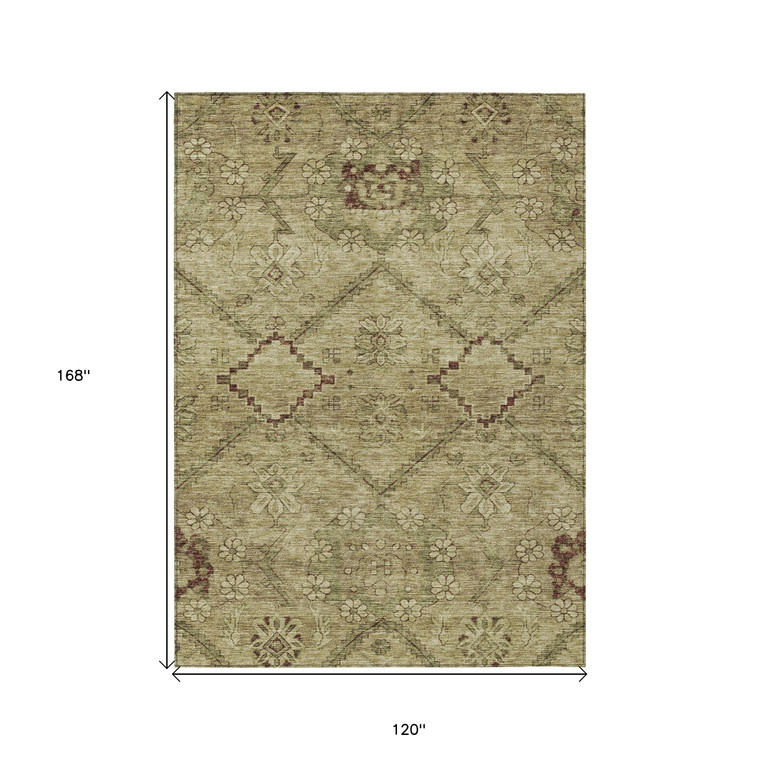 10' X 14' Brown Beige And Artichoke Green Floral Washable Indoor Outdoor Area Rug
