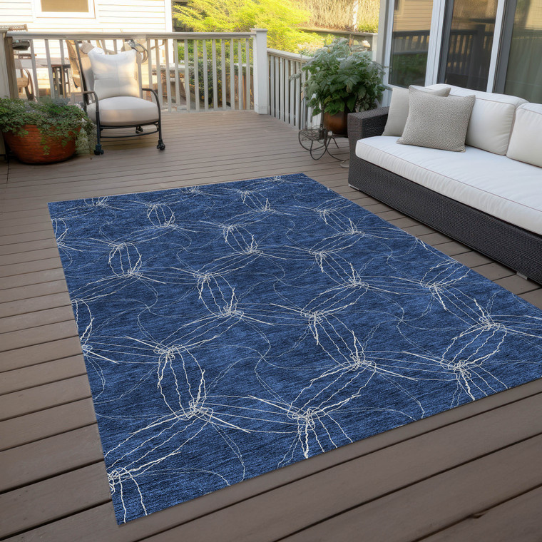10' X 14' Navy Blue And Ivory Geometric Washable Indoor Outdoor Area Rug - Navy Blue, Ivory