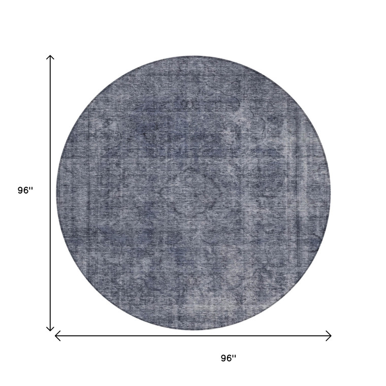 8' Blue And Gray Round Medallion Washable Indoor Outdoor Area Rug - Blue, Gray
