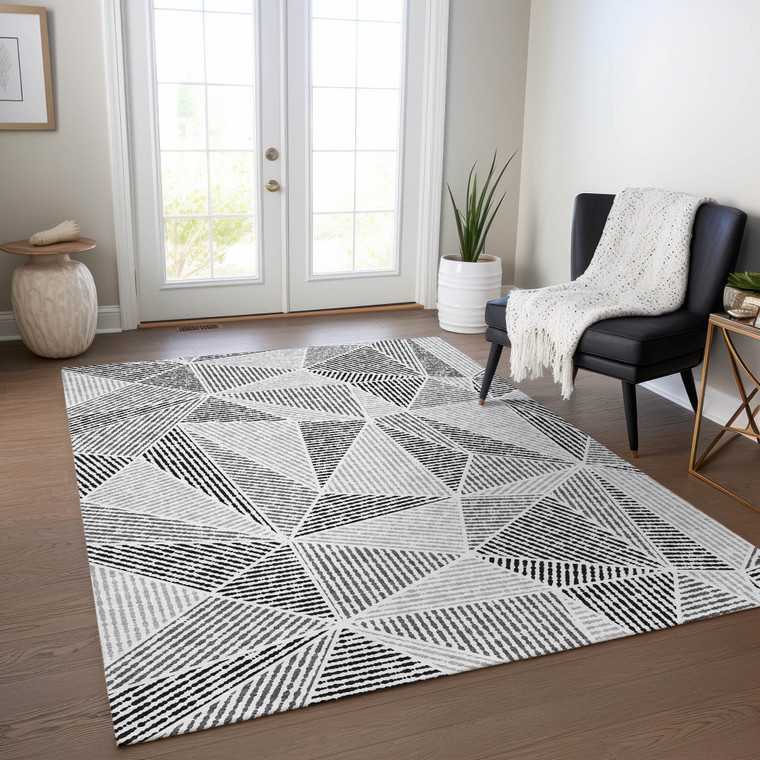 9' X 12' Pewter Charcoal And Gray Geometric Washable Indoor Outdoor Area Rug