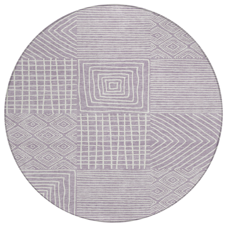 8' Lavender And Ivory Round Geometric Washable Indoor Outdoor Area Rug