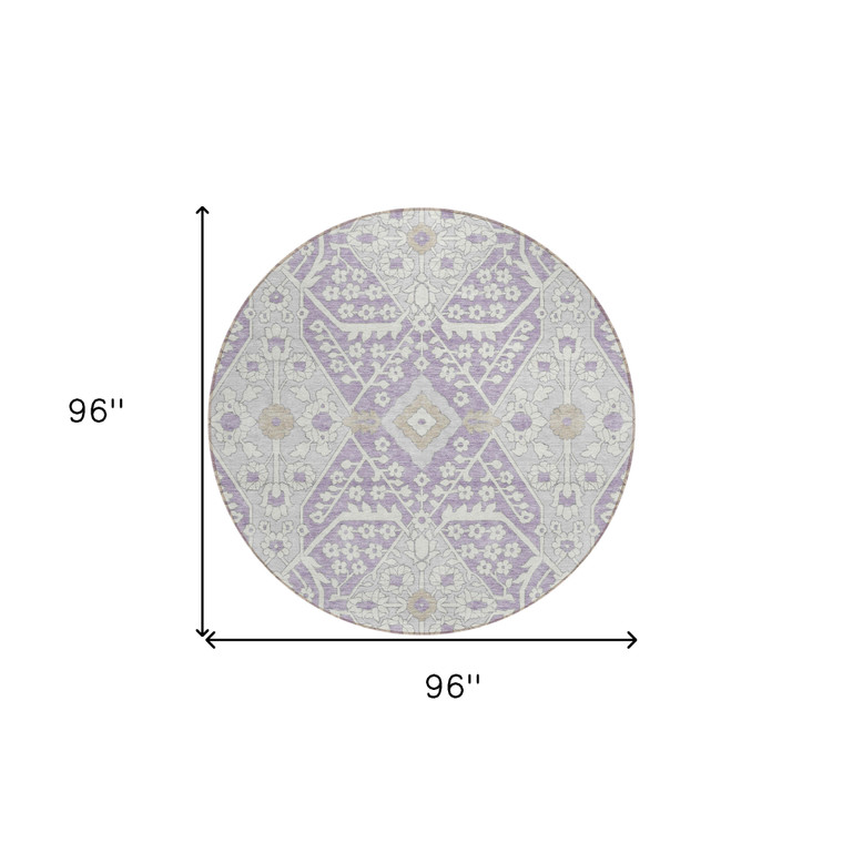 8' Lavender Gray And Beige Round Floral Washable Indoor Outdoor Area Rug