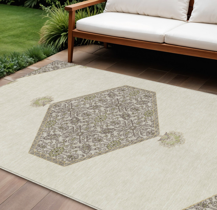 8' X 10' Ivory Beige And Gray Oriental Washable Indoor Outdoor Area Rug - 608219305413
