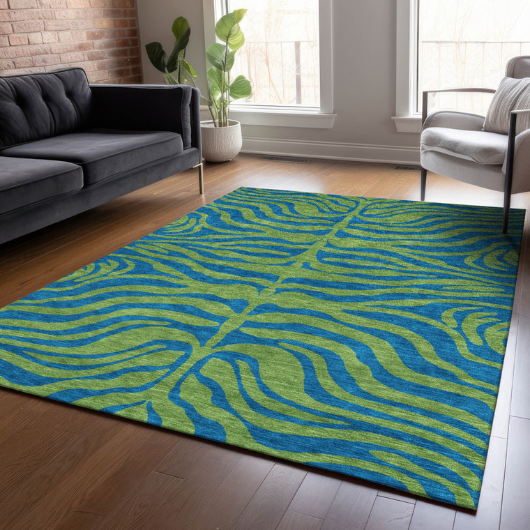 8' X 10' Green And Teal Blue Animal Print Washable Indoor Outdoor Area Rug