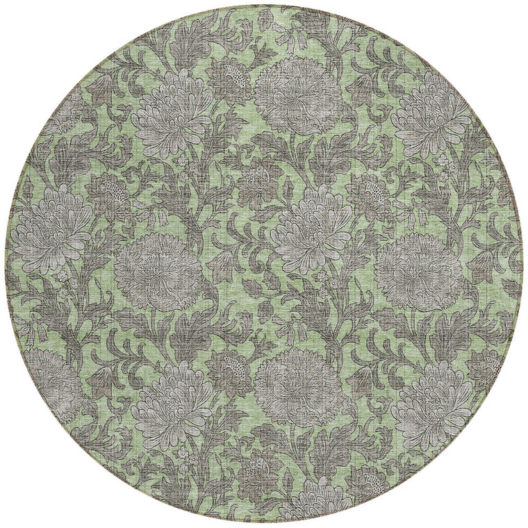 8' Artichoke Green Gray And Taupe Round Floral Washable Indoor Outdoor Area Rug
