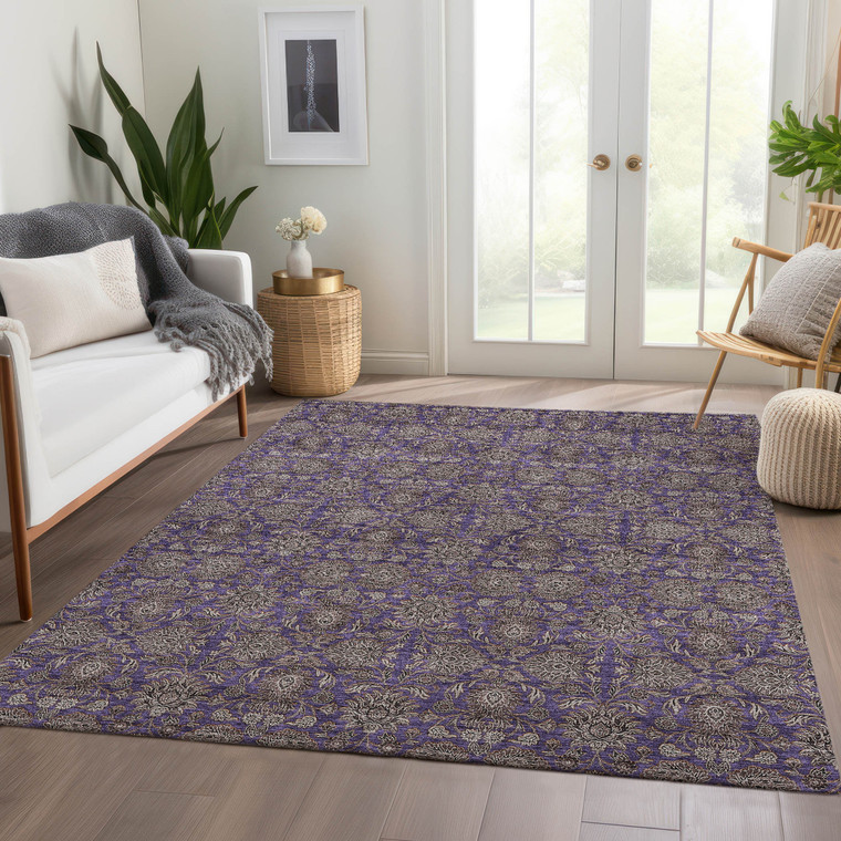 8' X 10' Purple Beige And Taupe Floral Washable Indoor Outdoor Area Rug