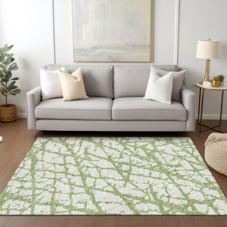 9' X 12' Green And Ivory Abstract Washable Indoor Outdoor Area Rug - Green, Ivory