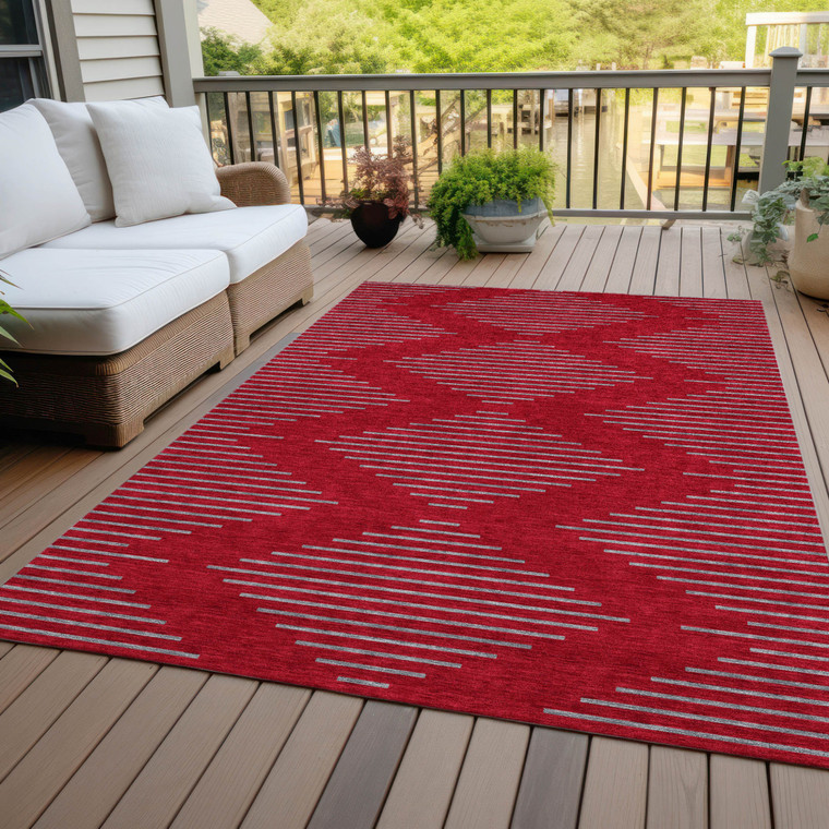 9' X 12' Red And Gray Geometric Washable Indoor Outdoor Area Rug