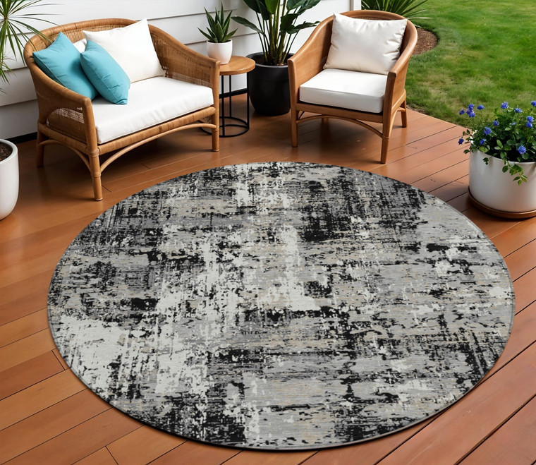8' Black And Gray Round Abstract Washable Indoor Outdoor Area Rug