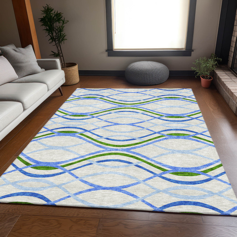 8' X 10' Sky Blue And Beige Abstract Washable Indoor Outdoor Area Rug