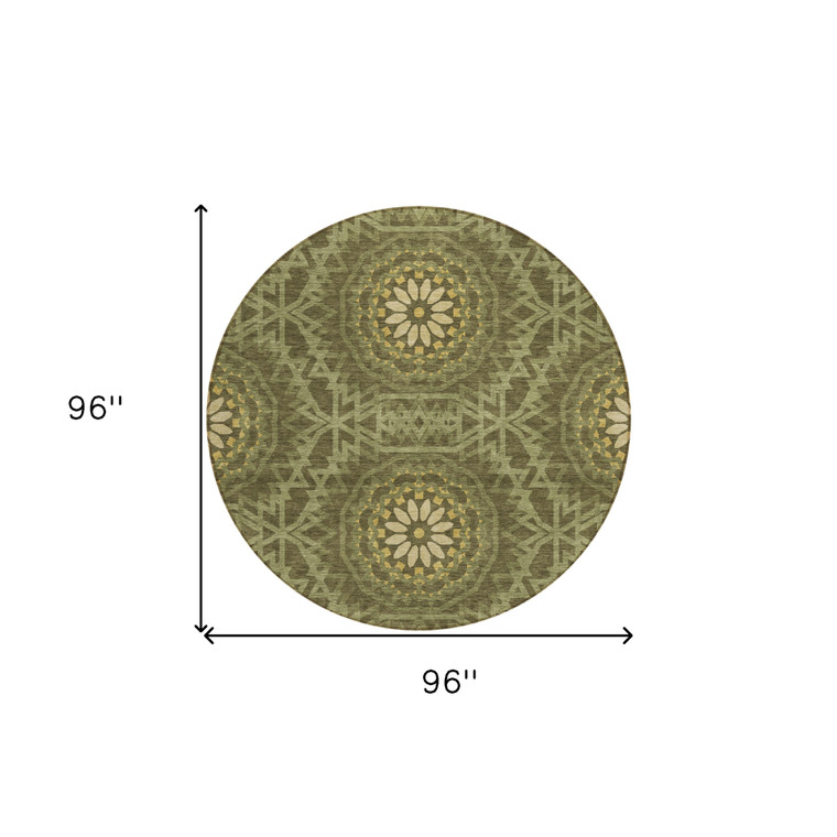 8' Olive Green Artichoke Green And Gold Round Floral Medallion Washable Indoor Outdoor Area Rug