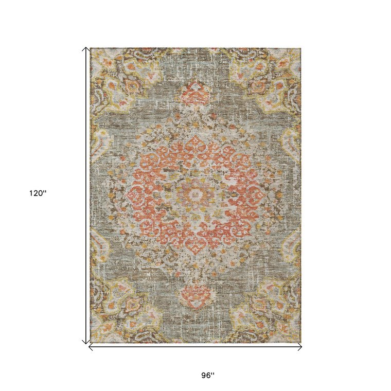 8' X 10' Brown Floral Medallion Washable Indoor Outdoor Area Rug