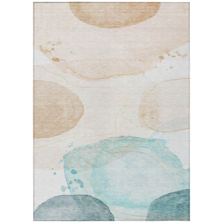 9' X 12' Beige and Blue Abstract Washable Non Skid Indoor Outdoor Area Rug - Beige, Blue
