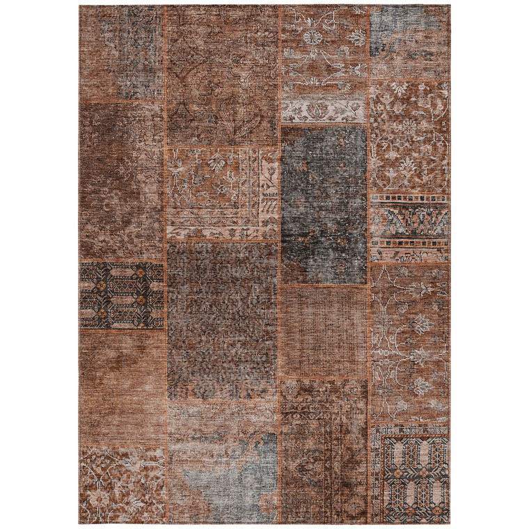 10' X 14' Terra Cotta Copper And Charcoal Patchwork Washable Indoor Outdoor Area Rug