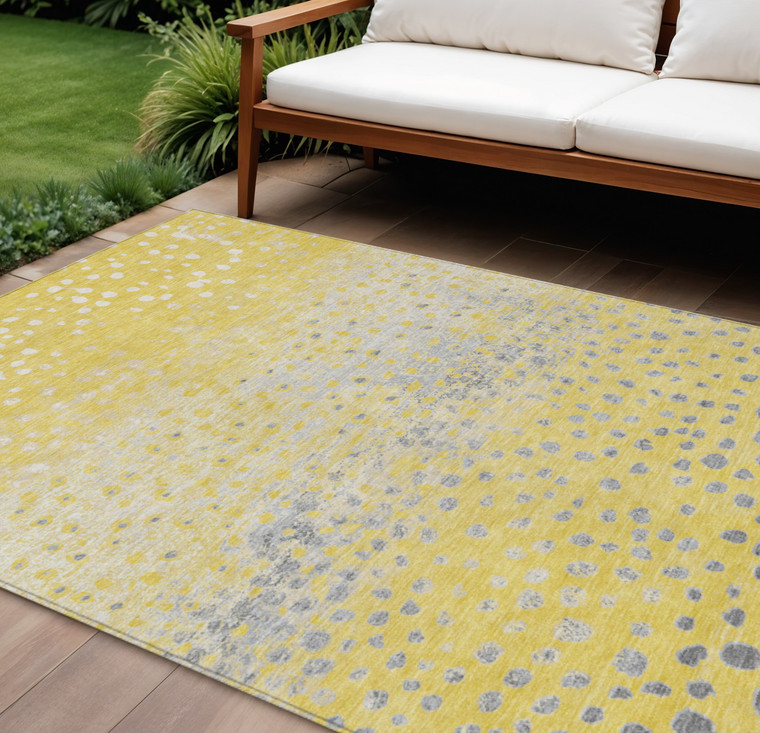 9' X 12' Yellow And Gold Abstract Washable Indoor Outdoor Area Rug