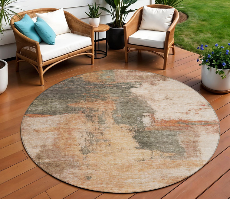 8' Terra Cotta Gray And Brown Round Abstract Washable Indoor Outdoor Area Rug