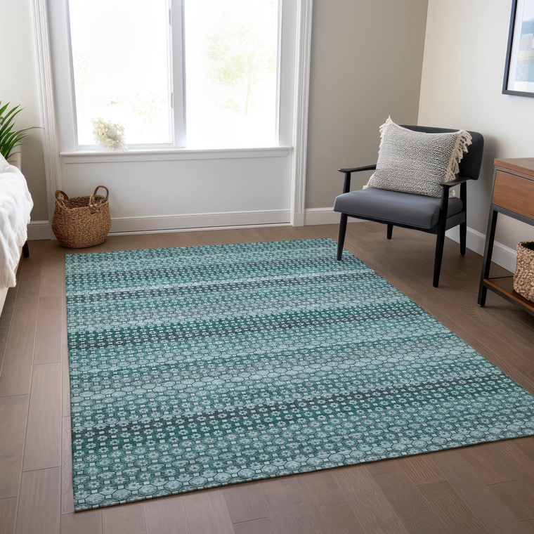 9' X 12' Teal Blue And Aqua Striped Washable Indoor Outdoor Area Rug