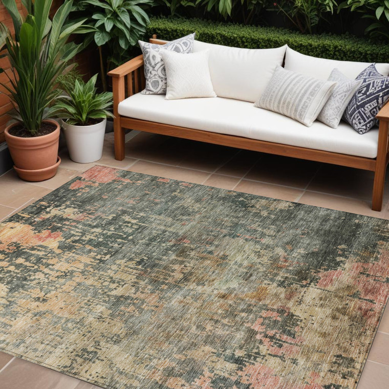 10' X 14' Sage Gray And Pink Abstract Washable Indoor Outdoor Area Rug