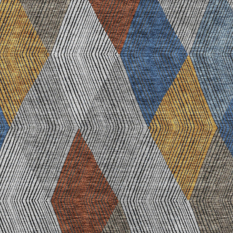9' X 12' Gray Gold And Blue Argyle Washable Indoor Outdoor Area Rug