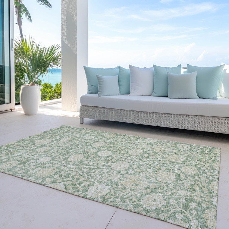 8' X 10' Artichoke Green And Beige Floral Washable Indoor Outdoor Area Rug - Artichoke Green, Beige
