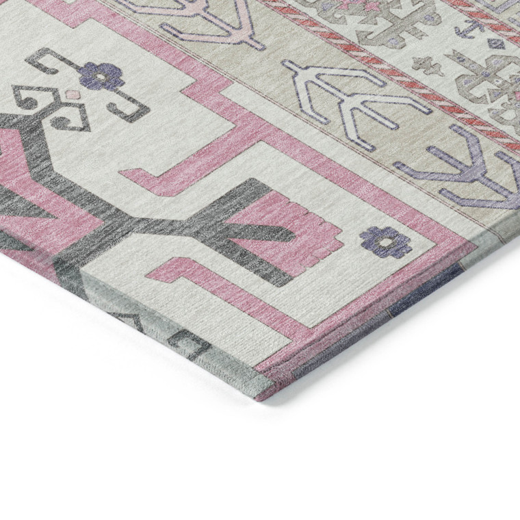 9' X 12' Pink Gray And Ivory Aztec Washable Indoor Outdoor Area Rug