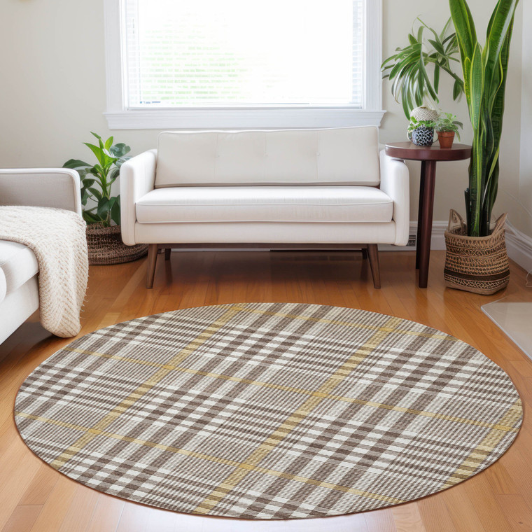 8' Brown And Beige Round Plaid Washable Indoor Outdoor Area Rug - 608219358747