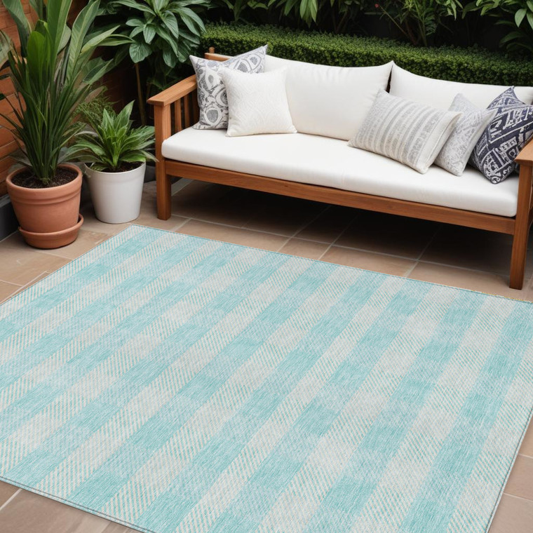 9' X 12' Aqua And Ivory Plaid Washable Indoor Outdoor Area Rug