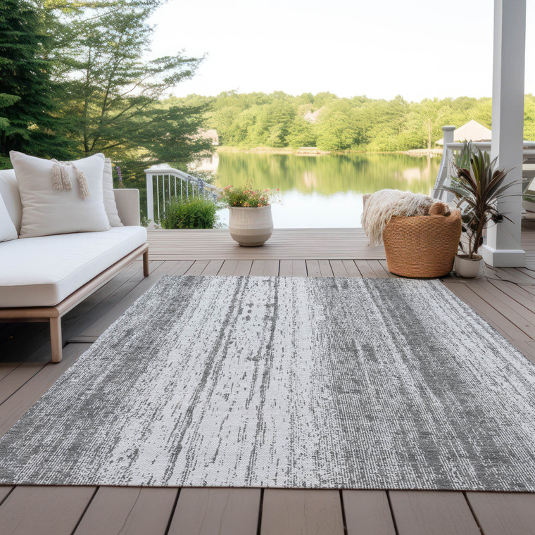 9' X 12' Gray And Ivory Striped Washable Indoor Outdoor Area Rug