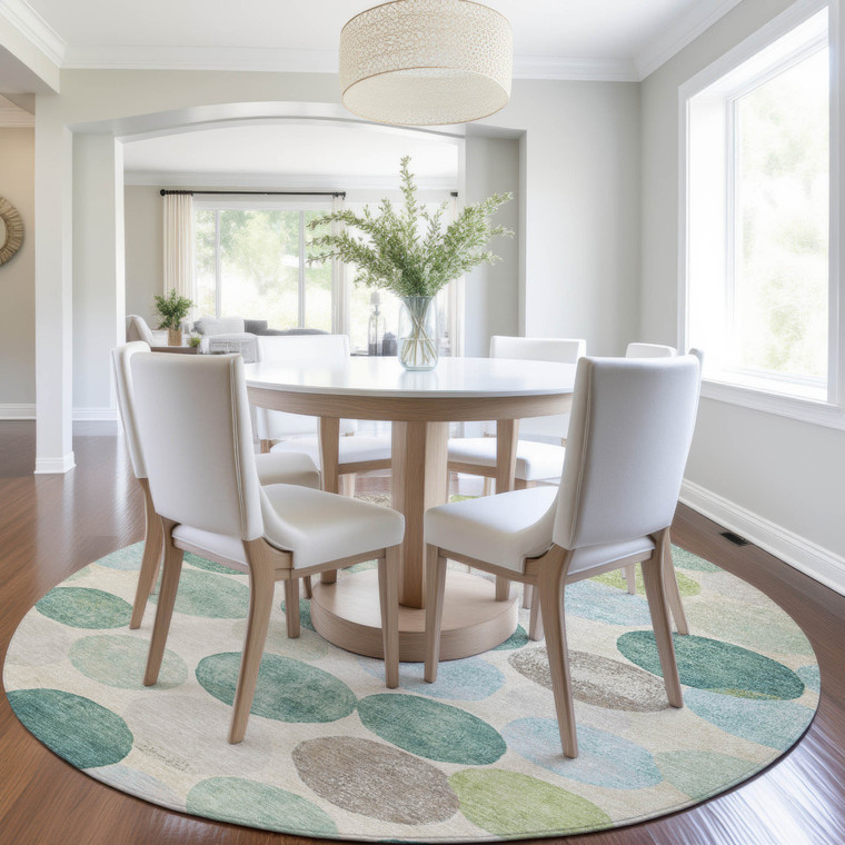 8' Teal Blue Green And Ivory Round Geometric Washable Indoor Outdoor Area Rug - Teal Blue, Green, Ivory