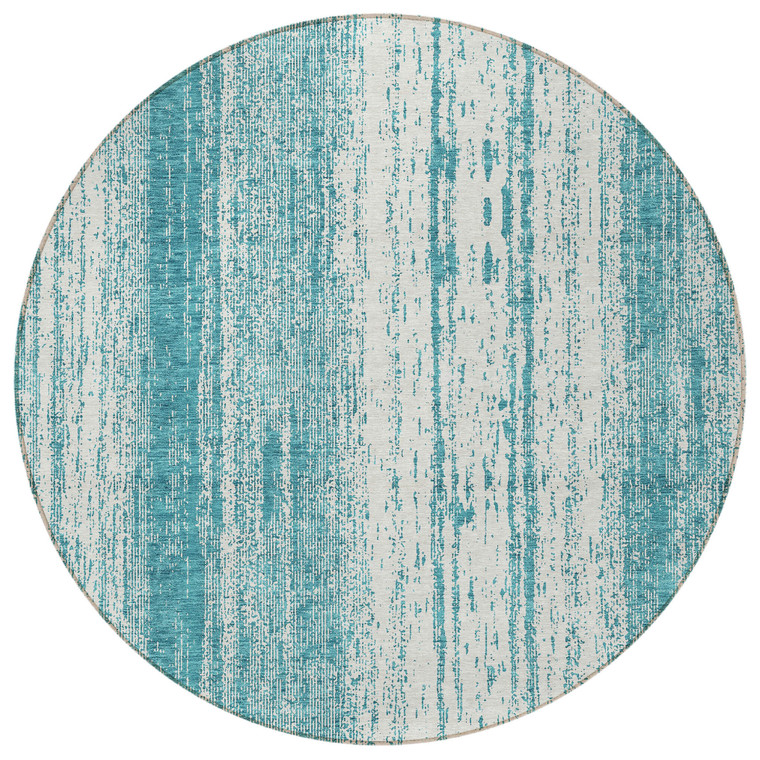 8' Teal Blue And Ivory Round Striped Washable Indoor Outdoor Area Rug - 608219370220