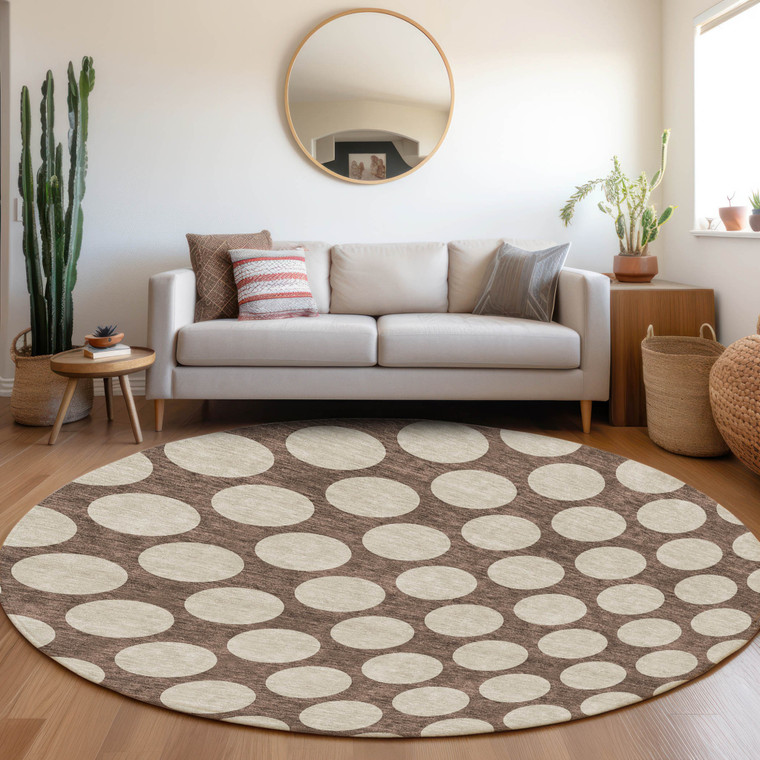 8' Brown And Beige Round Polka Dot Washable Indoor Outdoor Area Rug