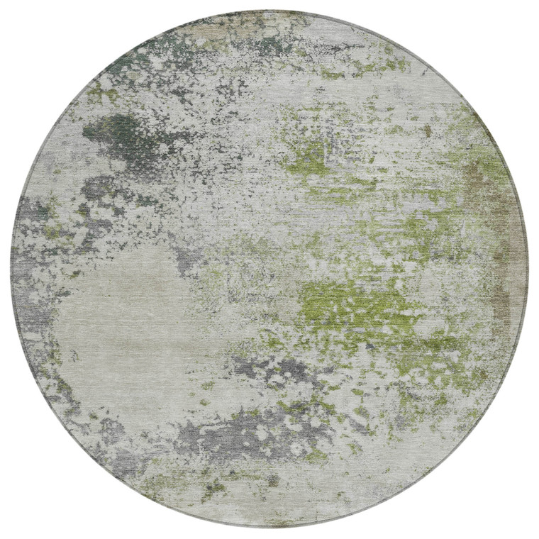8' Linen Fern Green And Beige Round Abstract Washable Indoor Outdoor Area Rug