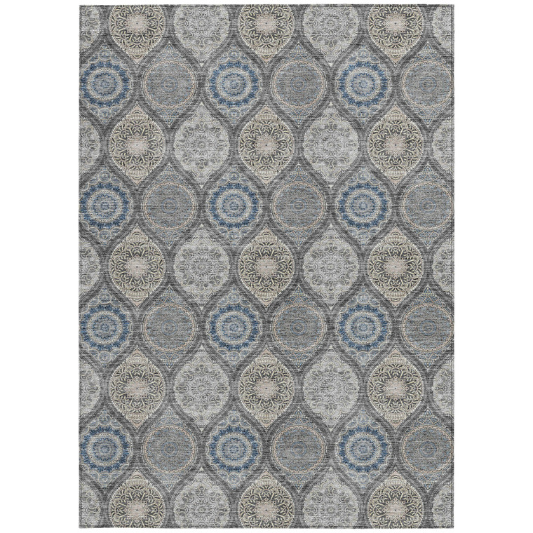 9' X 12' Gray Ivory And Navy Blue Floral Medallion Washable Indoor Outdoor Area Rug