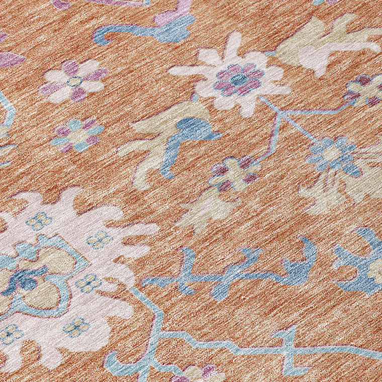 9' X 12' Orange Pink And Denim Blue Floral Washable Indoor Outdoor Area Rug