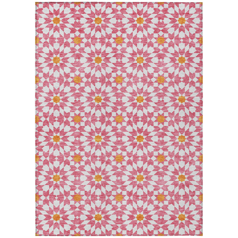 8' X 10' Pink Ivory And Orange Floral Medallion Washable Indoor Outdoor Area Rug