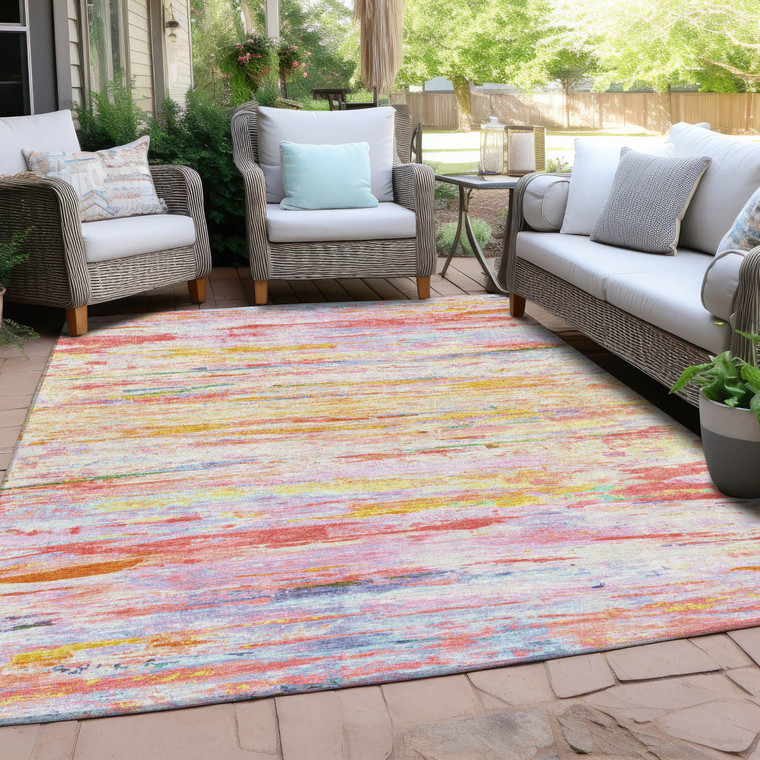 8' X 10' Coral And Yellow Abstract Washable Indoor Outdoor Area Rug