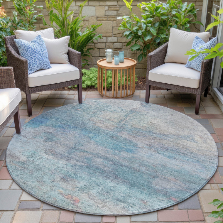 8' Aqua And Beige Round Abstract Washable Indoor Outdoor Area Rug