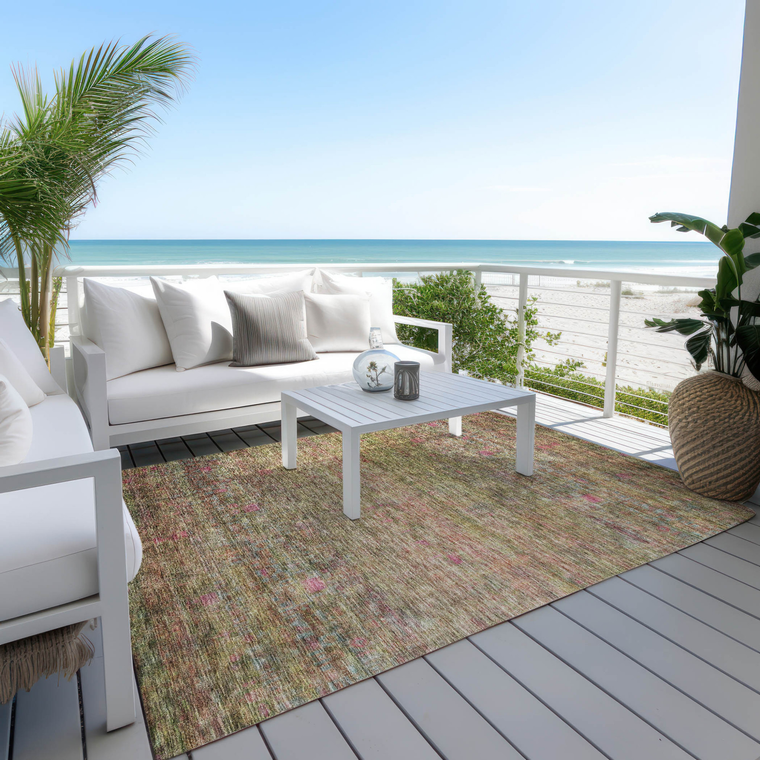 8' X 10' Artichoke Green And Hot Pink Floral Washable Indoor Outdoor Area Rug