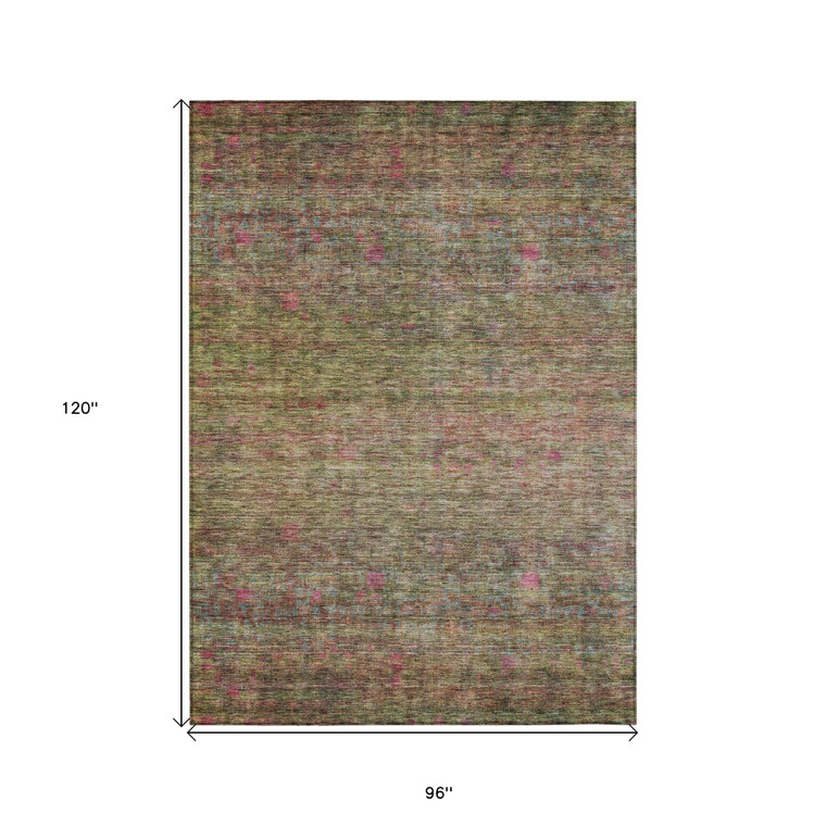 8' X 10' Artichoke Green And Hot Pink Floral Washable Indoor Outdoor Area Rug