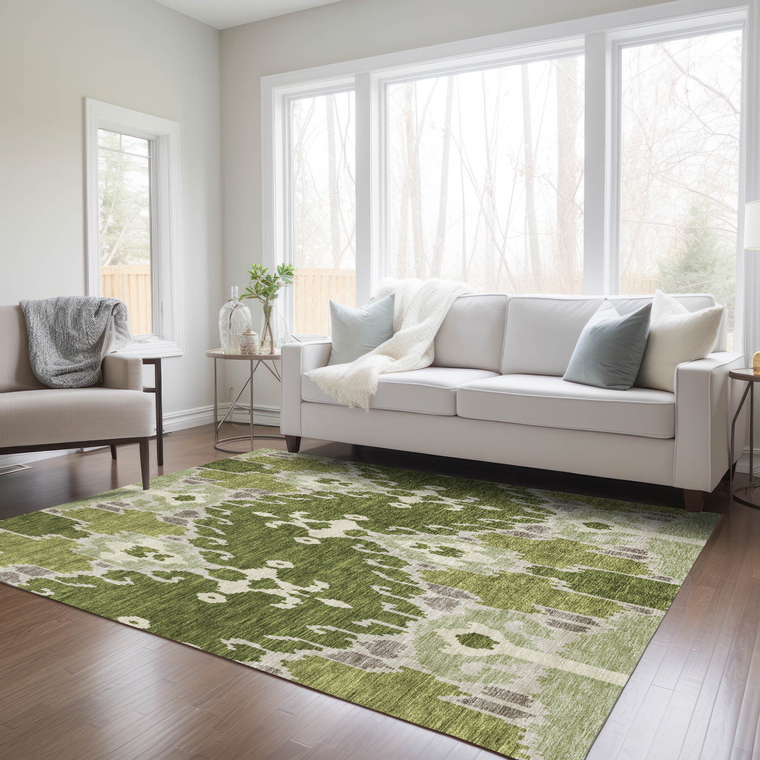 8' X 10' Olive Green And Artichoke Green Ikat Washable Indoor Outdoor Area Rug