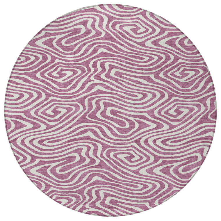 8' Plum And Ivory Round Abstract Washable Indoor Outdoor Area Rug