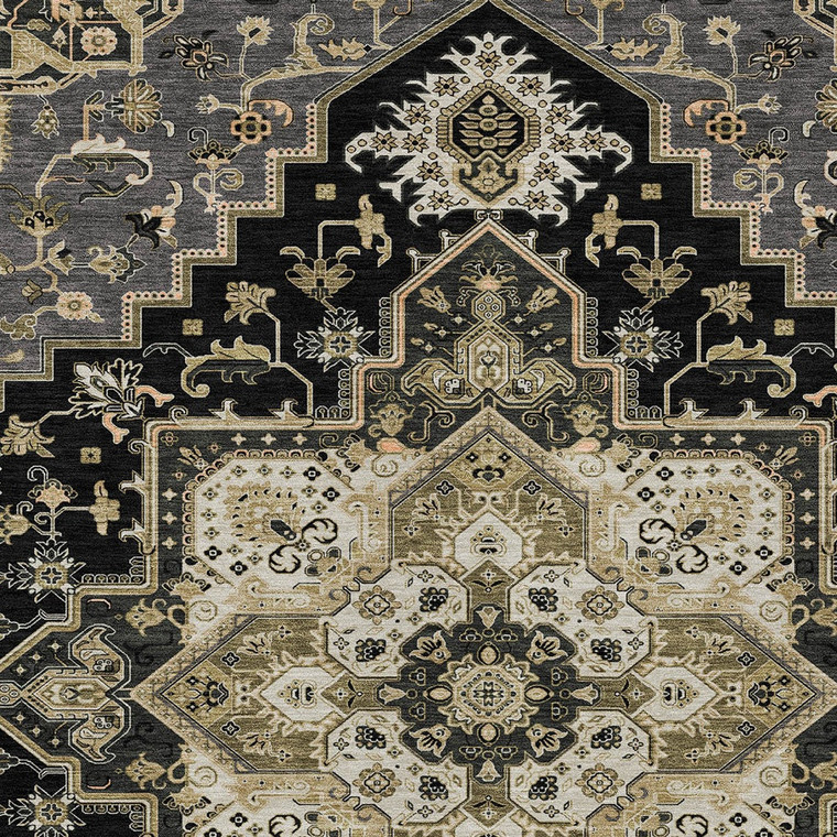 9' X 12' Black Gray And Ivory Oriental Washable Indoor Outdoor Area Rug - 880016789034