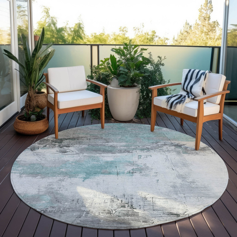 8' Teal Blue And Gray Round Abstract Washable Indoor Outdoor Area Rug - Teal Blue, Gray
