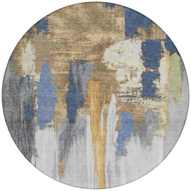 8' Navy Blue And Gold Round Abstract Washable Indoor Outdoor Area Rug