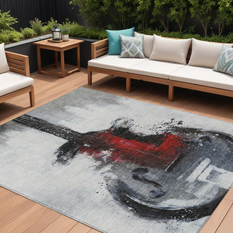 10' X 14' Gray Charcoal And Red Abstract Washable Indoor Outdoor Area Rug
