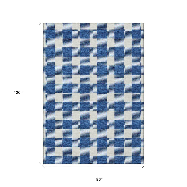 8' X 10' Navy Blue And Gray Plaid Washable Indoor Outdoor Area Rug