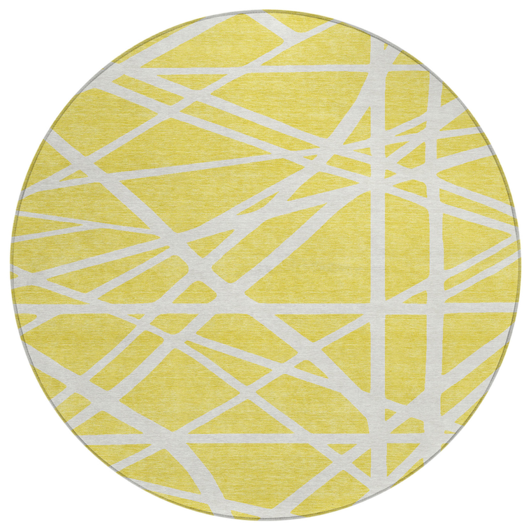 8' Yellow And Linen Round Geometric Washable Indoor Outdoor Area Rug