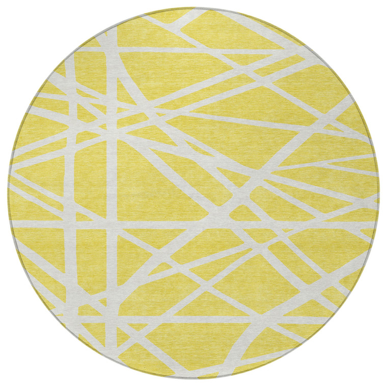 8' Yellow And Linen Round Geometric Washable Indoor Outdoor Area Rug