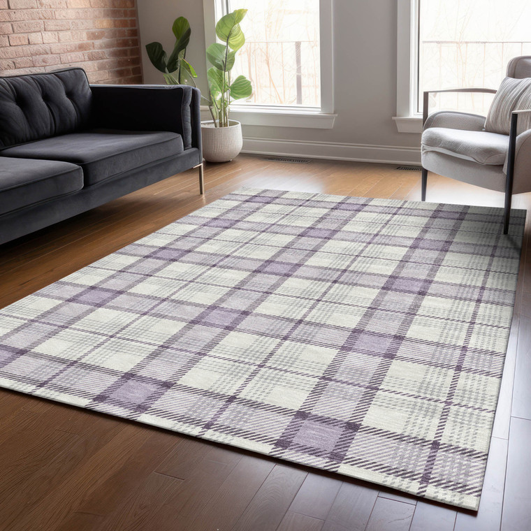 10' X 14' Lavender Purple And Gray Plaid Washable Indoor Outdoor Area Rug